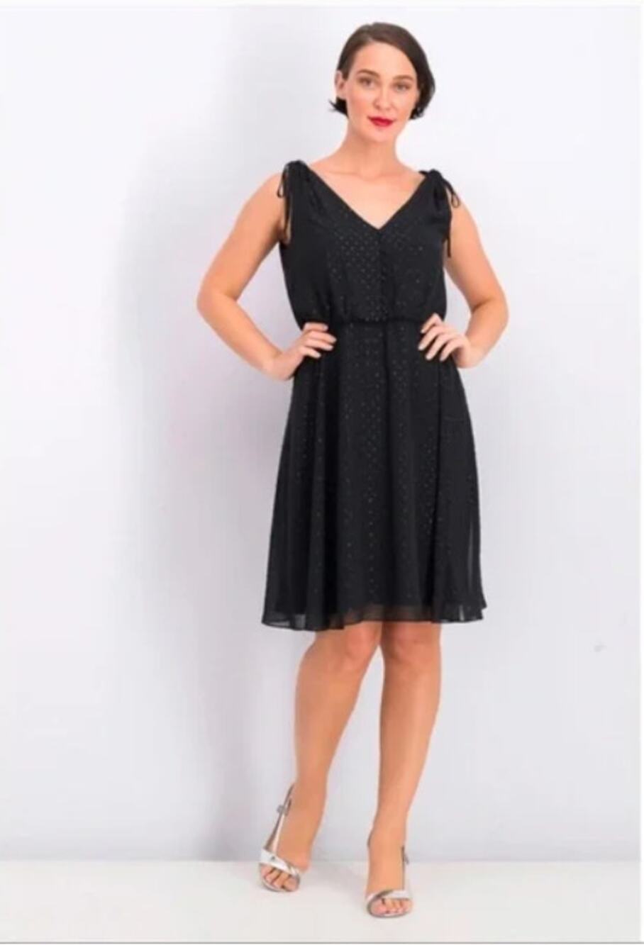 GAL MEETS GLAM NWT Elora Black Sparkle Dot Chiffon Knee Length Formal Dress // 6